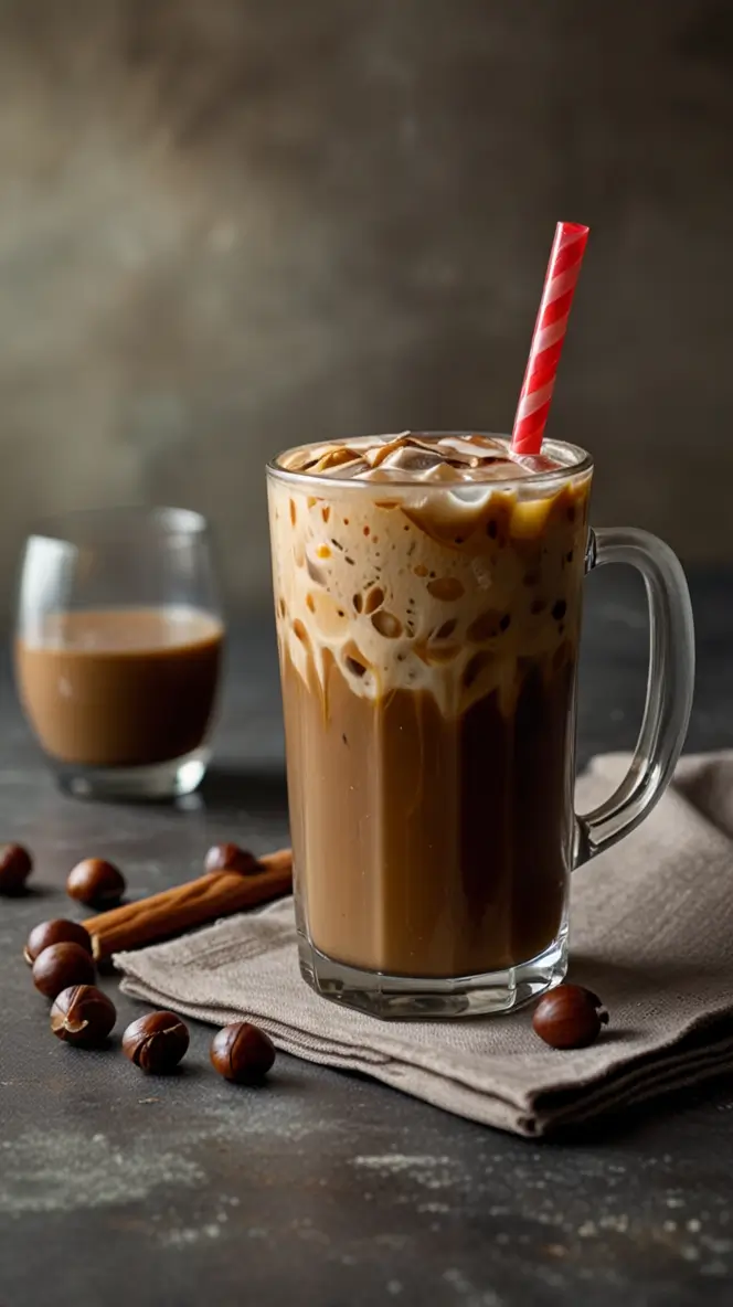 A glass filled with a chilled, creamy hazelnut iced coffee, garnished with a red and white striped straw. Surrounding the glass are scattered coffee beans and cinnamon sticks.