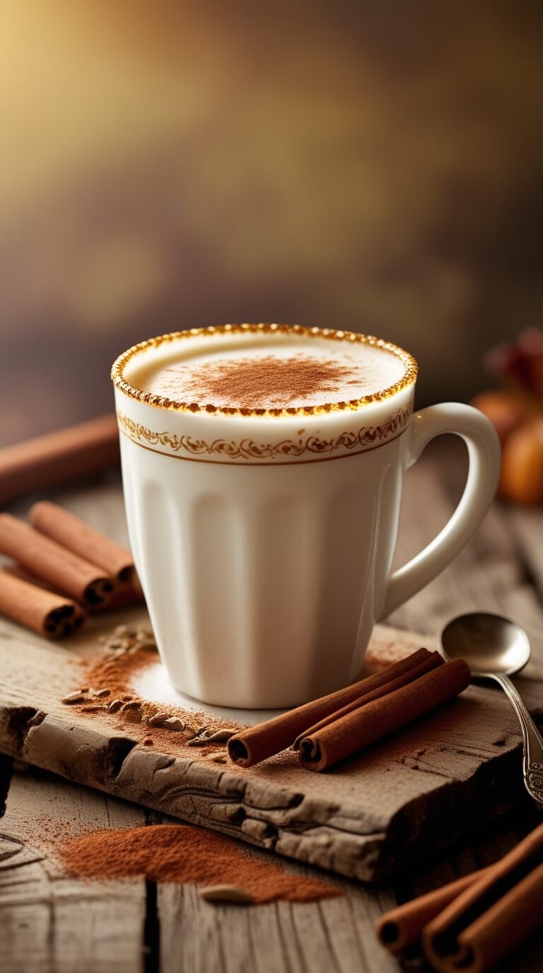 A white ceramic mug with ornate gold rim pattern containing a creamy cinnamon dolce latte, topped with frothed milk and dusted cinnamon, surrounded by whole cinnamon sticks and scattered cinnamon powder on a rustic wooden surface with a vintage linen napkin.