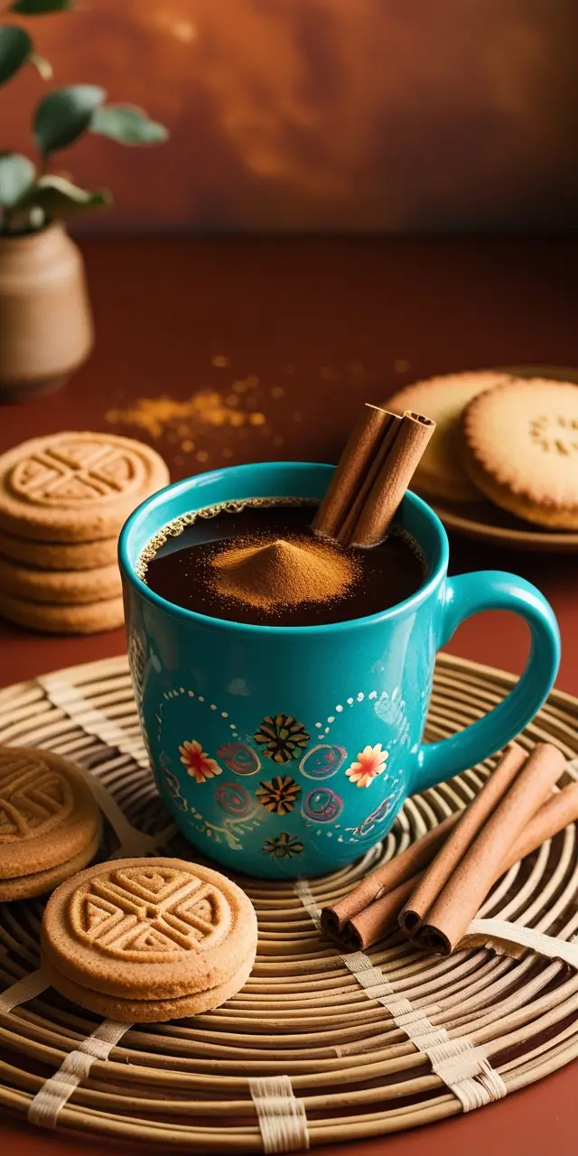 Traditional Mexican Café de Olla served in a turquoise decorated mug with cinnamon sticks and Mexican cookies on a woven palm mat