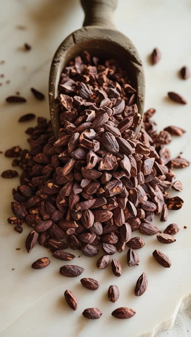 Fresh cocoa nibs spilling from a rustic wooden scoop onto a white marble surface, showing their rich brown color and natural texture