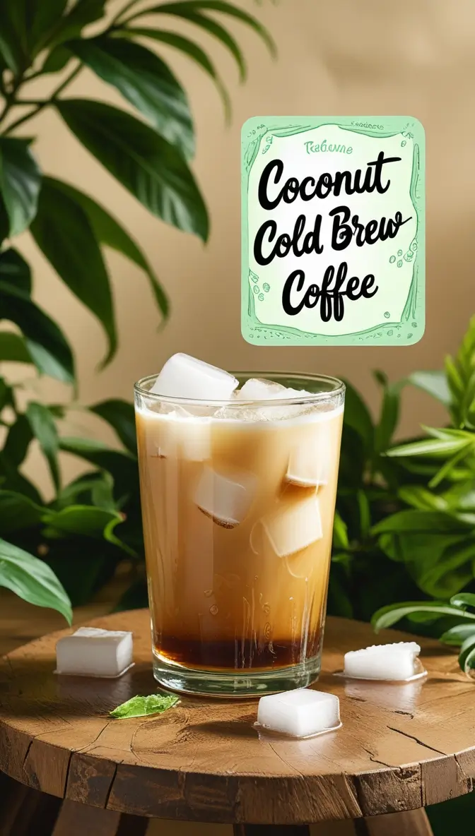 A glass of layered coconut cold brew coffee with ice cubes on a wooden slice, surrounded by tropical plants, with a mint green label showing 'Coconut Cold Brew Coffee 