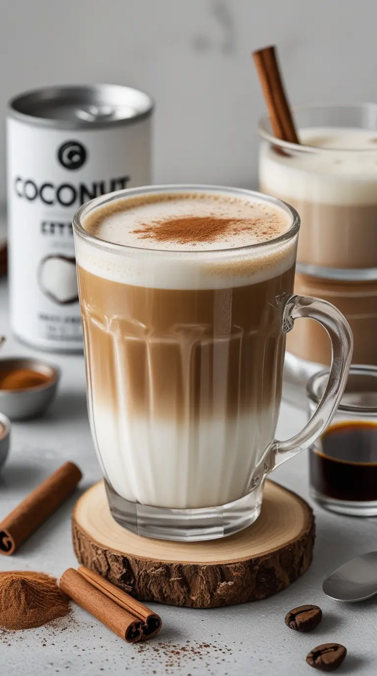 A tall glass of layered Coconut Low-Sugar Cinnamon Dolce Latte on a wooden coaster, with cinnamon sticks, coffee beans, and a can of coconut milk in the background.