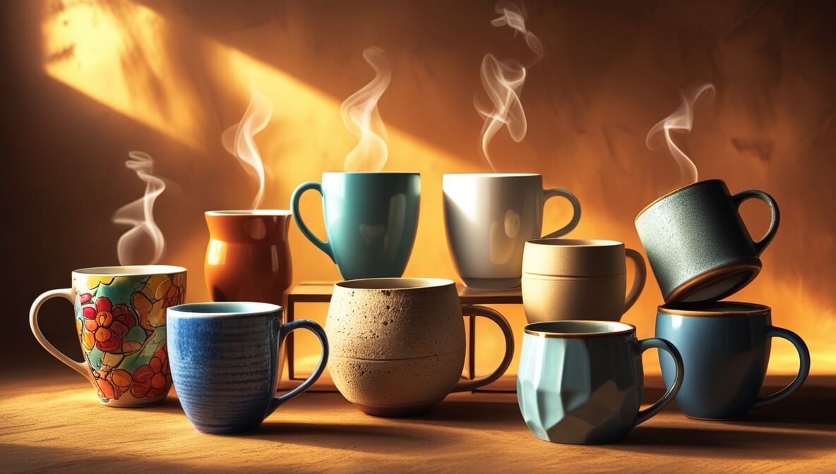 Collection of diverse coffee mugs displaying modern and traditional designs with steam rising, ceramic materials, varied colors and shapes showing heat retention