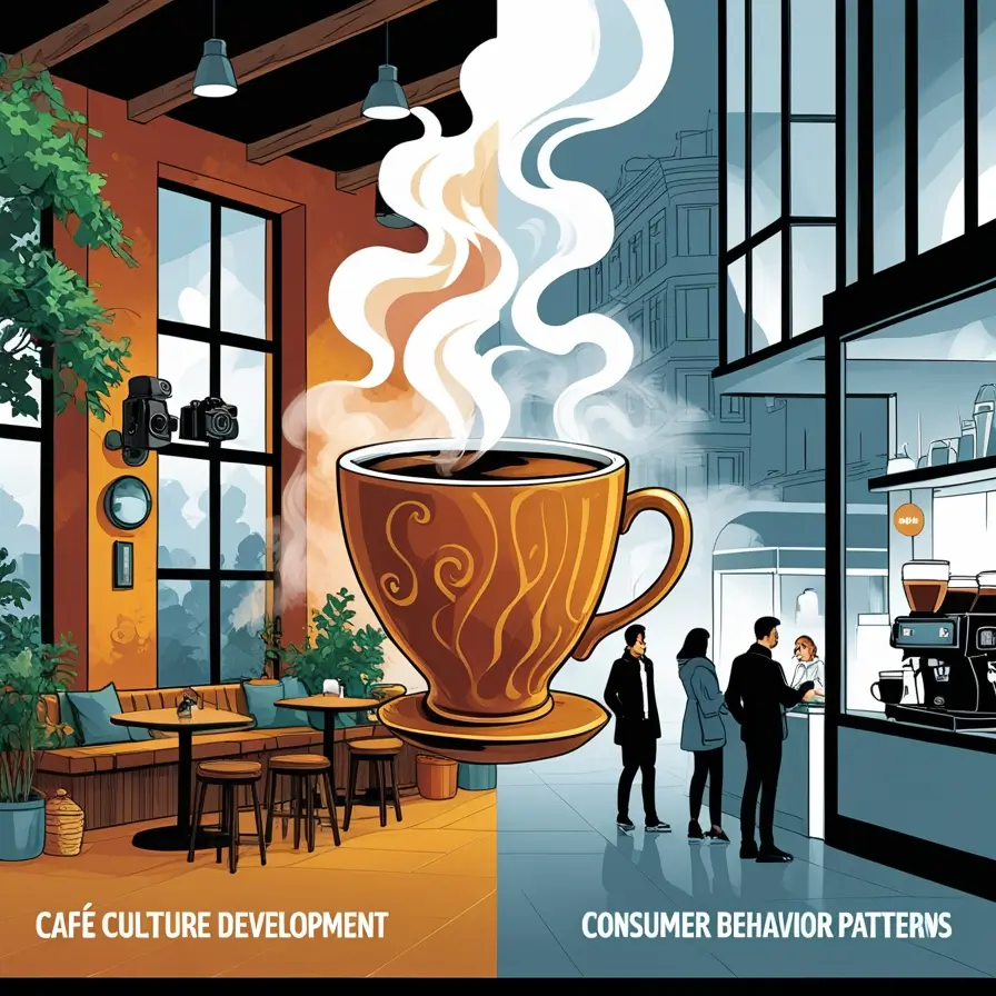 An illustration depicting a cozy cafe setting with a large, steaming mug of coffee as the focal point. The cafe is surrounded by a bustling urban landscape, showcasing the evolving consumer behavior and culture in the coffee retail market.