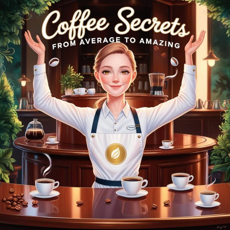 Digital illustration of a cheerful barista in white uniform and apron with raised arms, surrounded by coffee cups, coffee beans, and brewing equipment in a cozy café setting with text 'Coffee Secrets: From Average to Amazing