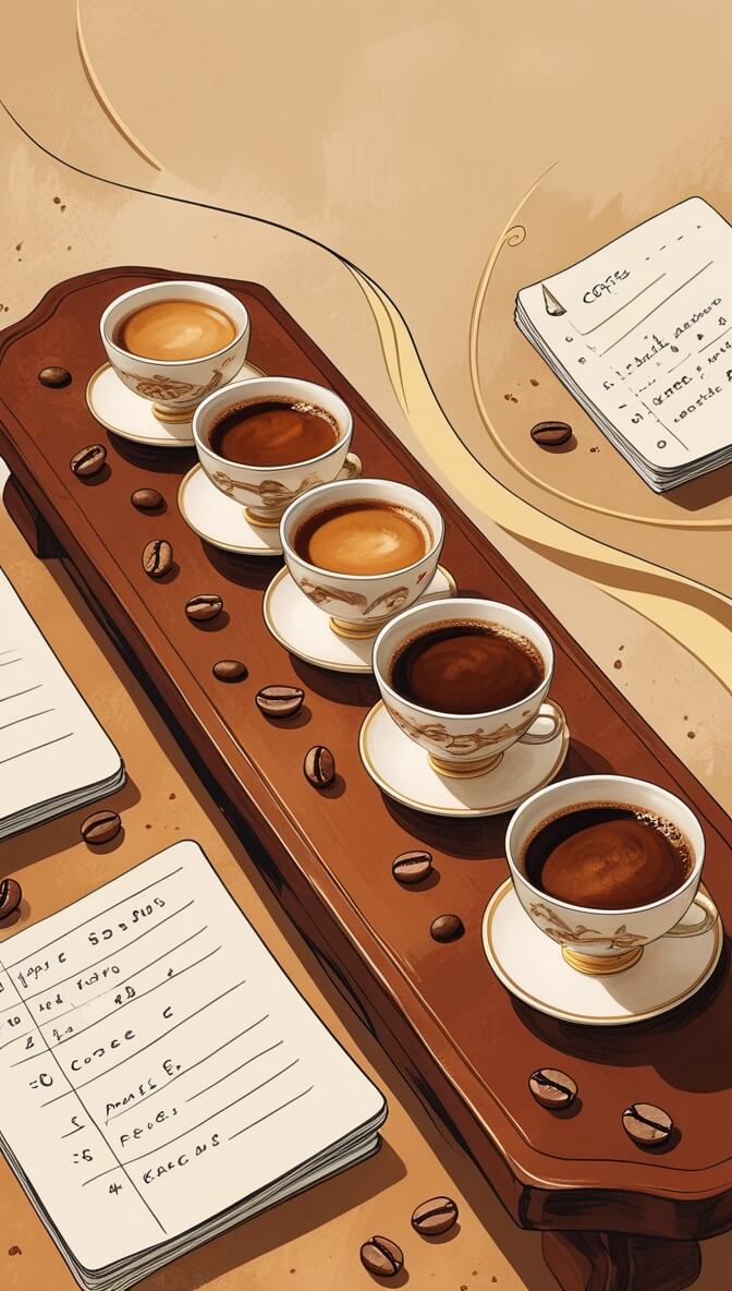 Digital illustration of a professional coffee comparative tasting setup featuring five white porcelain cups with gold accents arranged in a line on a wooden serving board. Tasting notebooks with handwritten notes visible in the foreground, scattered coffee beans throughout, all set against a warm beige background.