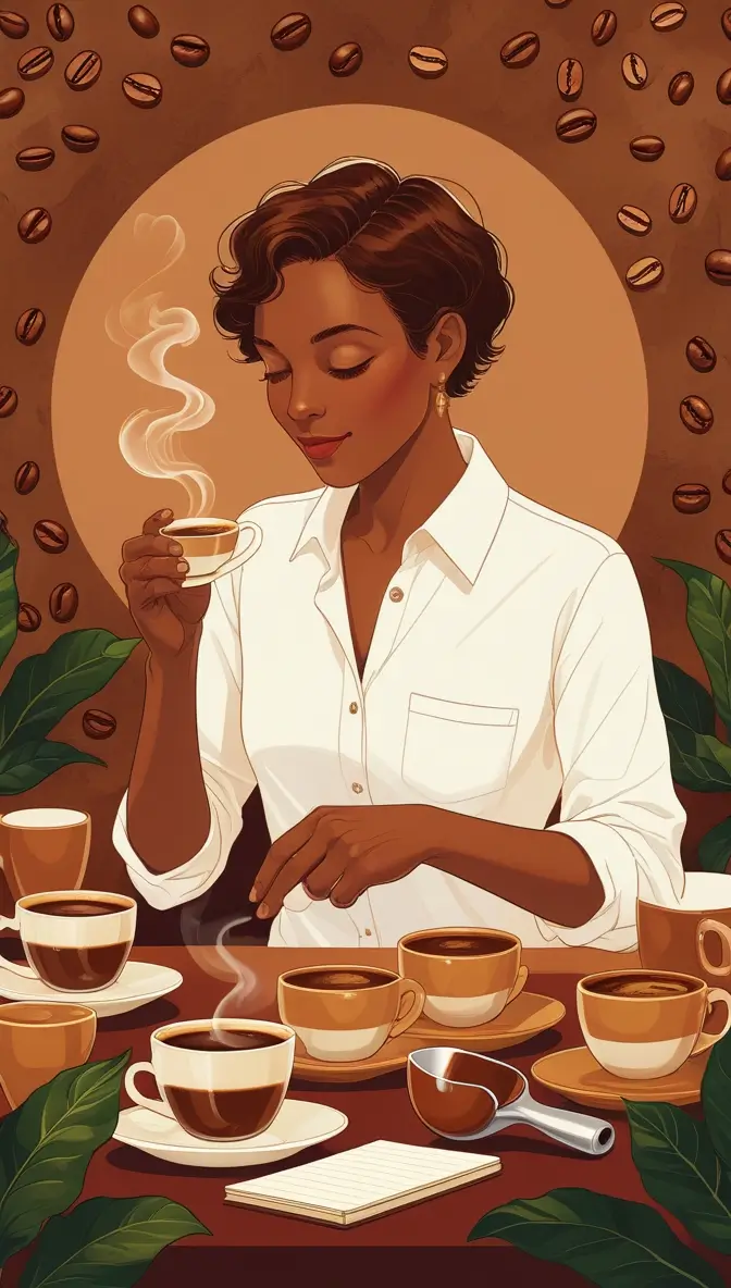 Digital illustration of a Black woman in a crisp white shirt performing coffee cupping. She's holding a cup while several coffee samples in tan cups sit on saucers before her. A notebook and portafilter basket are visible on the brown table. Background features coffee beans and green leaves against a warm circular gradient.