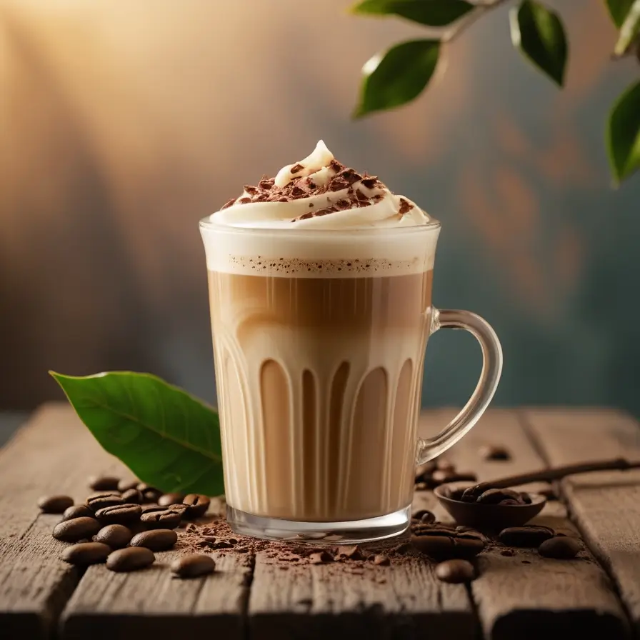 A glass mug containing a layered cold brew latte topped with whipped cream and chocolate shavings, surrounded by coffee beans and green leaves on a rustic wooden surface.