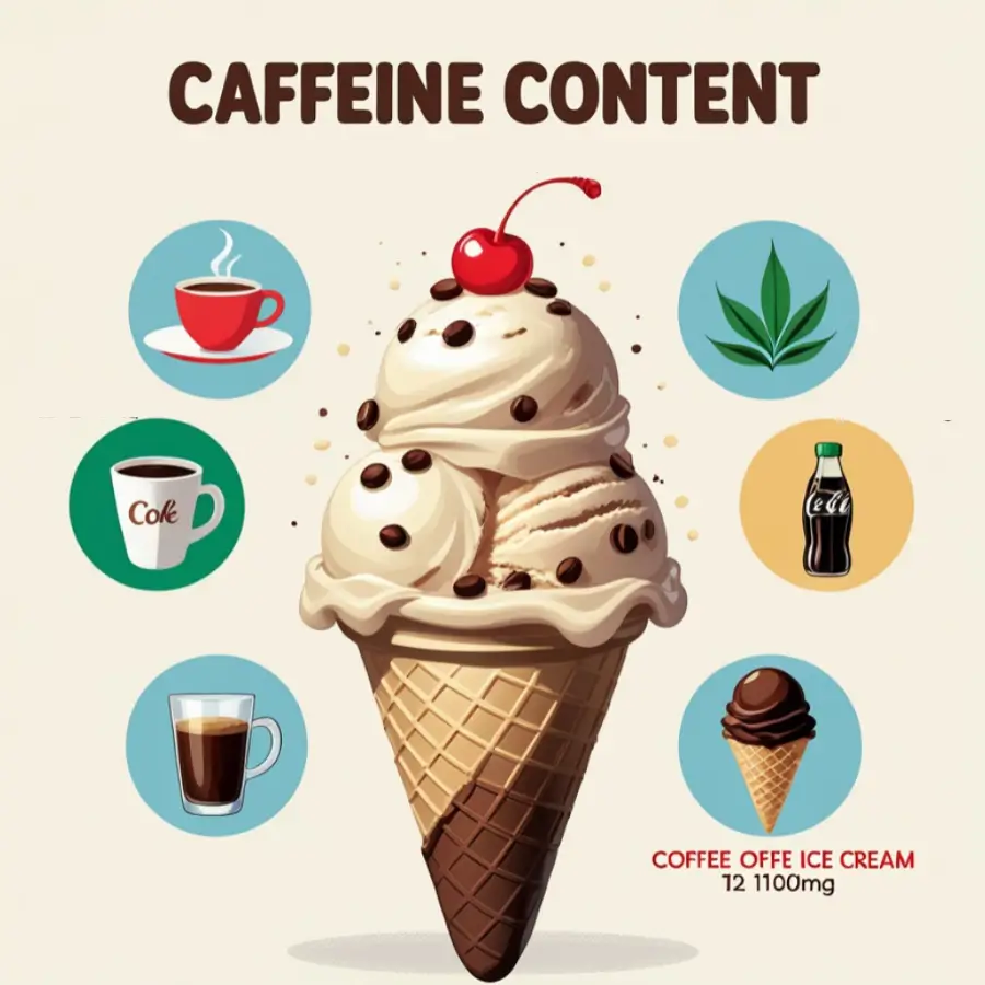 Comparing Coffee Ice Cream to Other Caffeinated Products illustrated with a central coffee-flavored ice cream cone surrounded by circular icons of various caffeinated beverages including coffee, cola