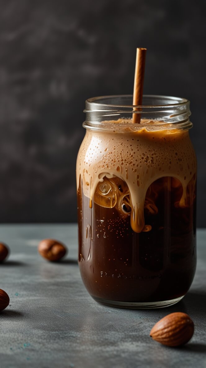  A mason jar filled with a creamy, hazelnut-flavored cold brew coffee.