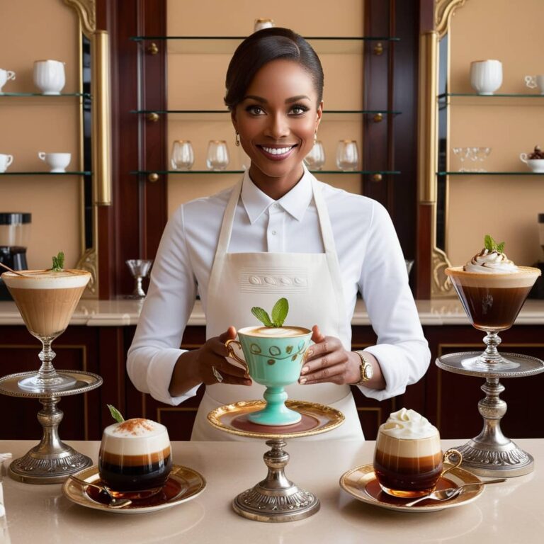 A professional barista in white attire presenting an array of coffee cocktails on silver stands, featuring a turquoise cup in the center and various layered coffee drinks on ornate serving platters