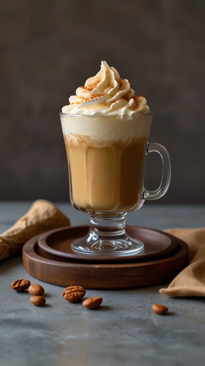 A glass mug filled with a creamy, frothy Dalgona Coffee, topped with a swirl of whipped cream and a dusting of cinnamon.