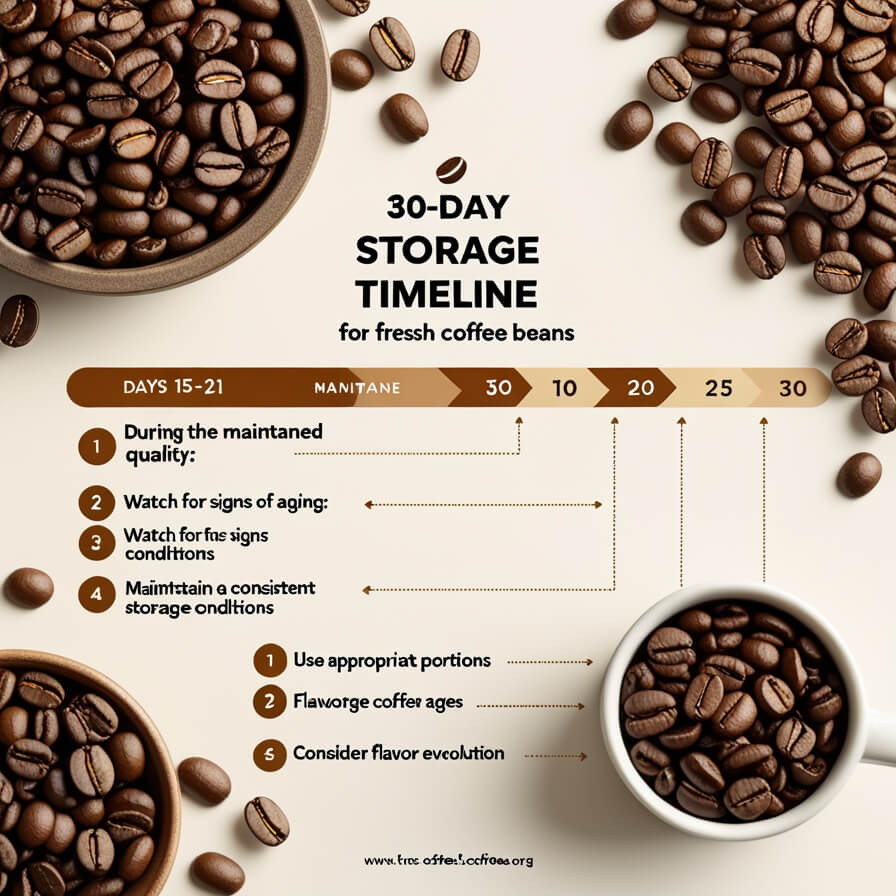 A timeline infographic showing coffee bean storage guidelines for days 15-21, featuring scattered coffee beans and bowls of beans around a brown timeline arrow with storage instructions and dotted connection lines.