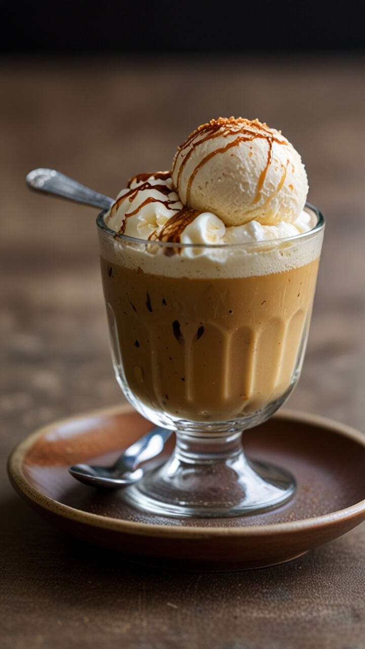 A glass of Coconut-Coffee Affogato featuring vanilla ice cream scoops atop coffee, drizzled with caramel sauce, served in a stemmed glass on a brown ceramic saucer