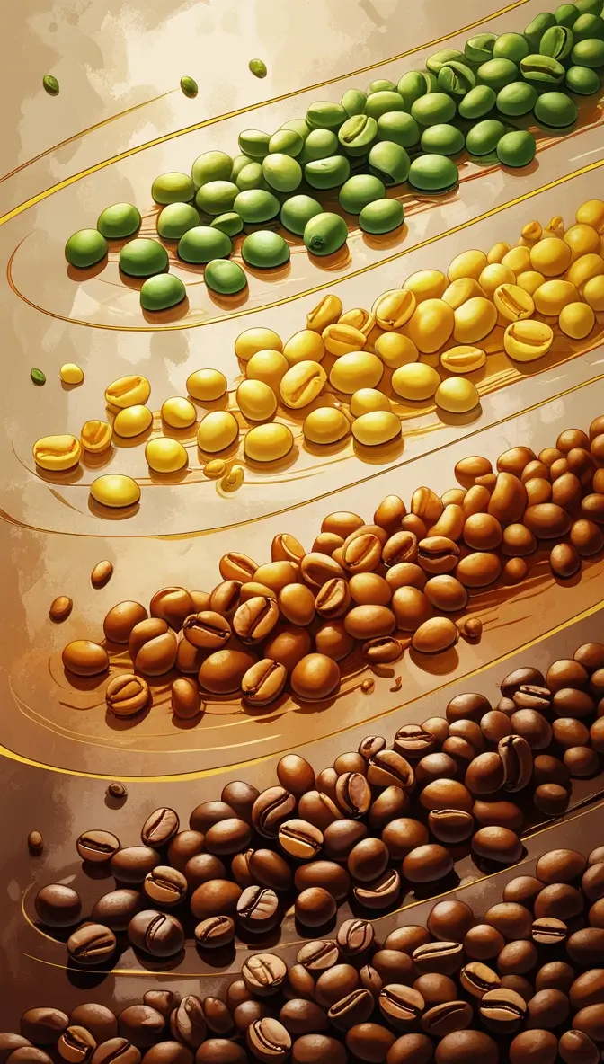 Coffee bean roasting stages illustration showing transformation from green to dark roast beans, arranged in four distinct color phases with golden curves