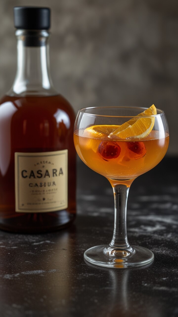 A Cascara Sour cocktail in a coupe glass garnished with orange slices and cherries, alongside a bottle of Casara Cassur spirit on a dark marble surface