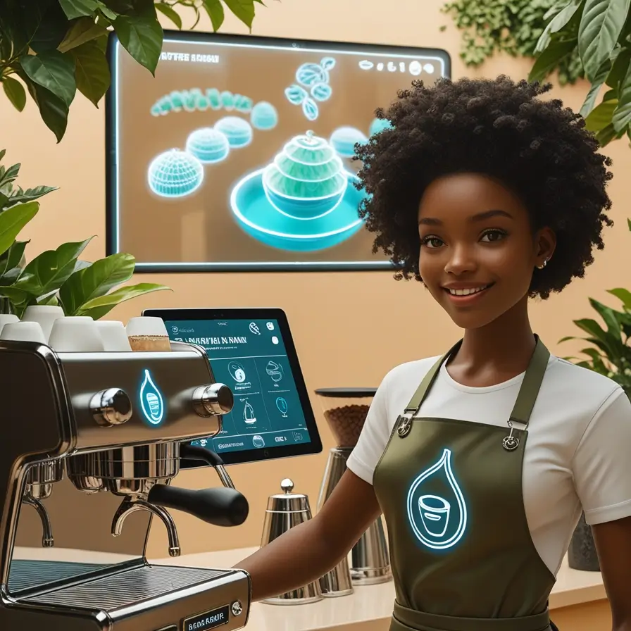 A tech-savvy barista interacting with a futuristic digital interface, showcasing the digital transformation in the coffee industry.