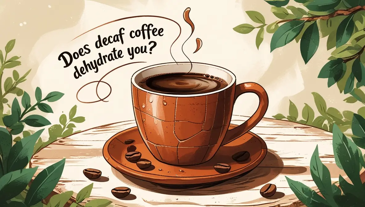 Illustrated brown ceramic coffee cup with decaf coffee and scattered coffee beans on a wooden surface, surrounded by green leaves, with text 'Does decaf coffee dehydrate you?' in a speech bubble