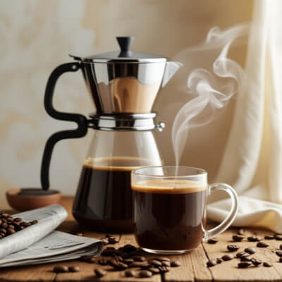 Drip Coffee scene showing a clear glass coffee maker and steaming cup of fresh coffee on a wooden table with scattered coffee beans and a newspaper, highlighting the traditional morning coffee ritual.