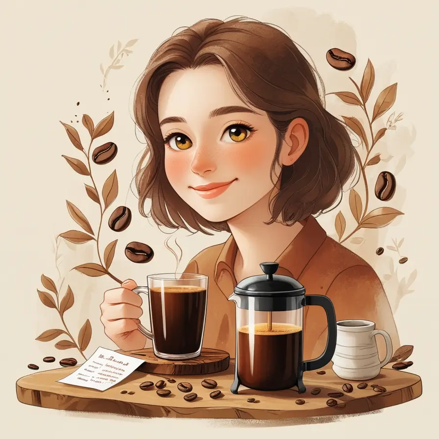 Digital illustration of a smiling young woman with short brown hair enjoying coffee at home. She's sitting with a French press, a glass mug of coffee, and a small cream pitcher on a wooden surface. Decorative coffee beans and leaves frame the composition in warm brown tones.