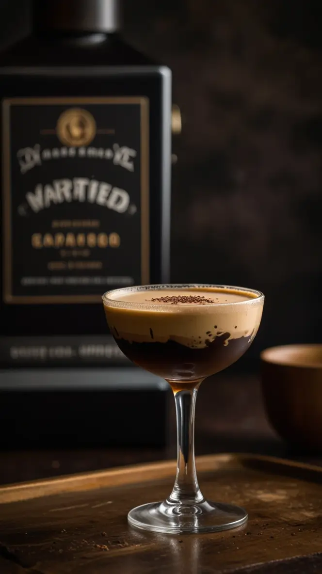 An espresso martini-inspired coffee drink in a stemmed glass, with a bottle of Warranted gin in the background.