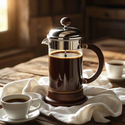 French Press coffee maker with freshly brewed coffee alongside white ceramic cups on a rustic wooden table with white linen cloth, bathed in warm morning light.