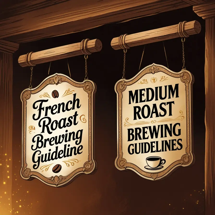 Vintage hanging wooden signs displaying French Roast and Medium Roast brewing guidelines, featuring ornate borders and classic typography against a warm, dark background with golden light accents