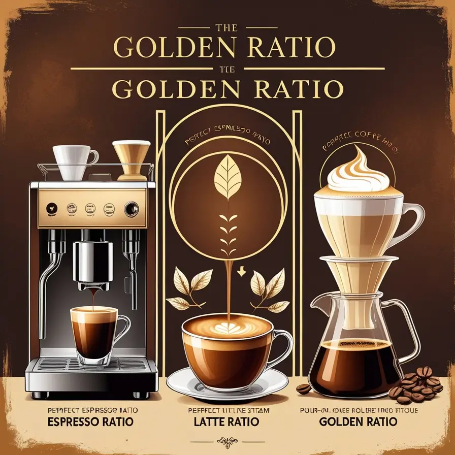 An artistic illustration showing three coffee preparation methods - an espresso machine, latte art, and pour-over setup - presented in an Art Deco style with gold and brown colors. Each method is labeled with its corresponding ratio and features detailed drawings of coffee equipment and beverages.