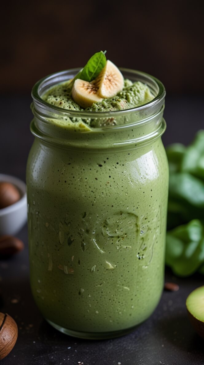 Vibrant green protein coffee smoothie in mason jar topped with fresh fig and basil leaf, creamy texture with dark moody background and scattered ingredients