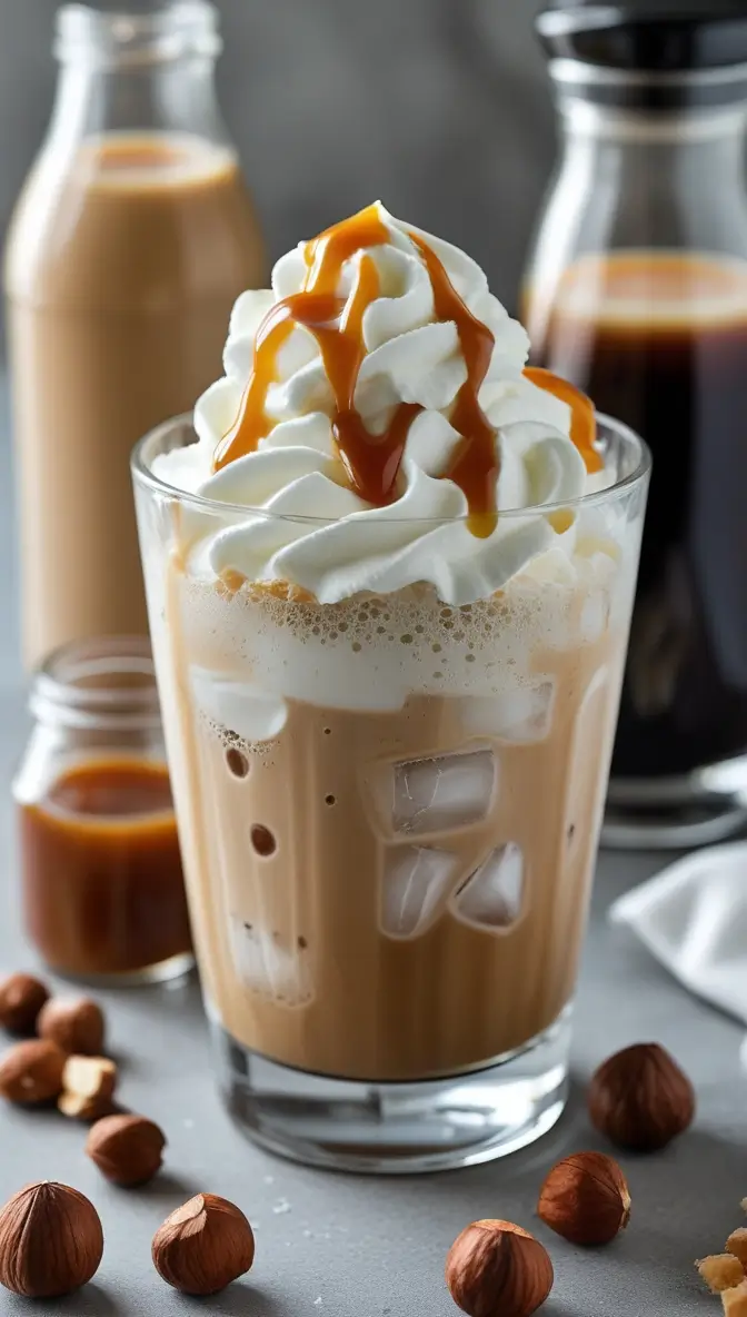 A tall glass of Hazelnut Caramel Frappe topped with whipped cream and drizzled with caramel sauce, served with scattered coffee beans on a wooden surface.