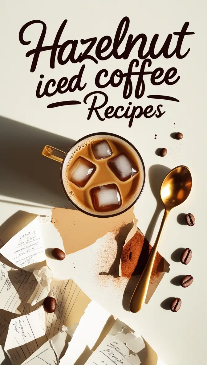 Overhead shot of hazelnut iced coffee with ice cubes, gold spoon, scattered coffee beans, and recipe notes on white background with dramatic shadows