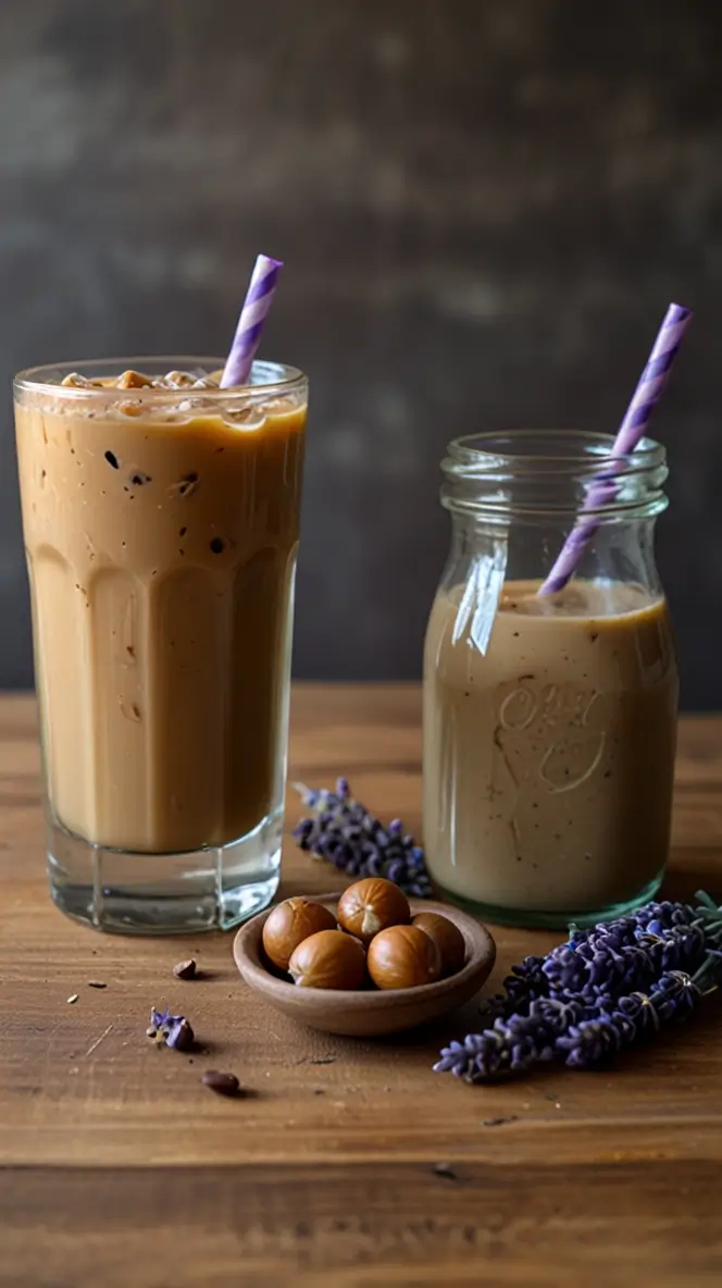 Homemade hazelnut lavender iced coffee served in tall glass and mason jar with purple striped straws, fresh lavender sprigs and whole hazelnuts on wooden table