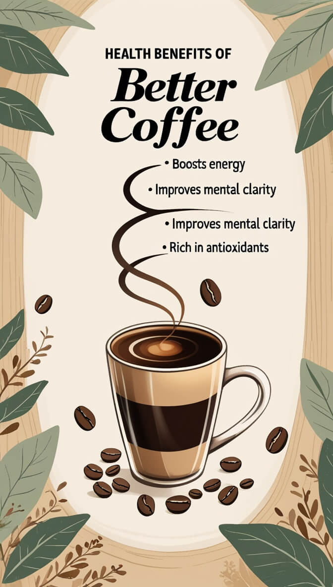 Illustrated poster showing health benefits of coffee with a steaming coffee cup surrounded by coffee beans and decorative leaves on a warm beige background.