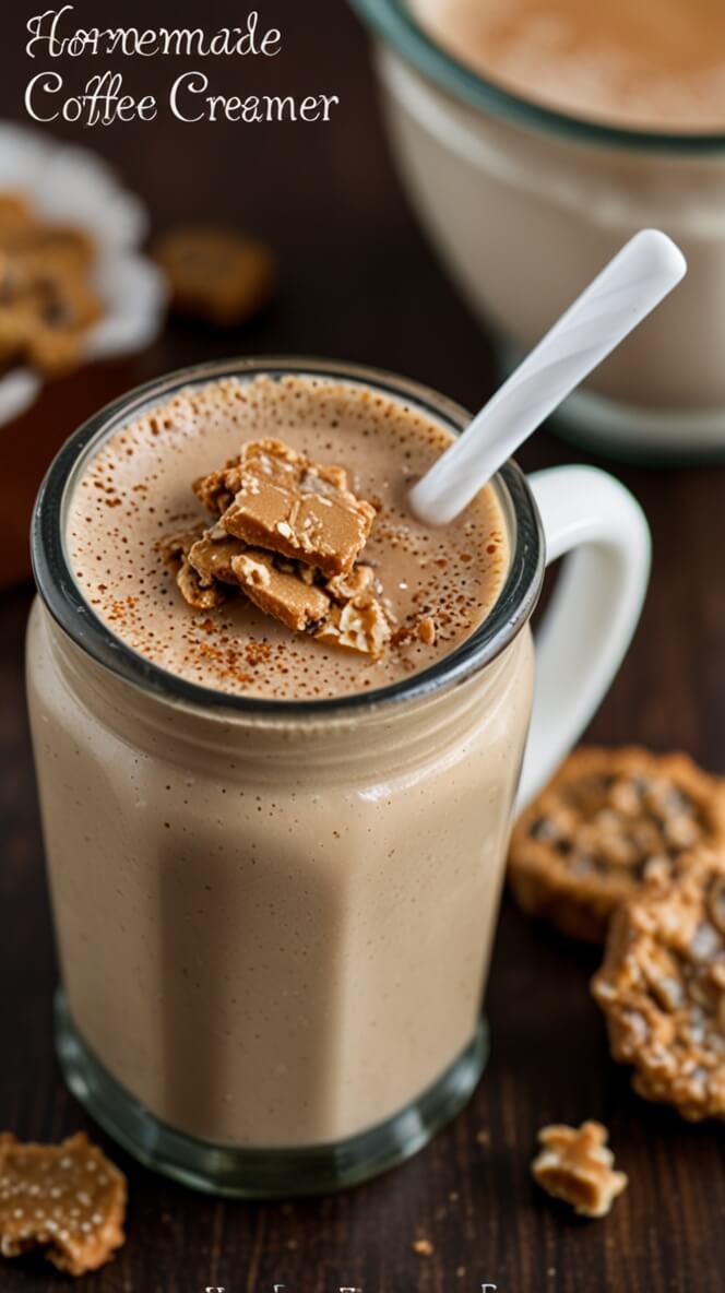 Homemade English Toffee Coffee Creamer in tall glass mason jar topped with toffee pieces and chocolate bits, served with toffee cookies on dark wooden surface