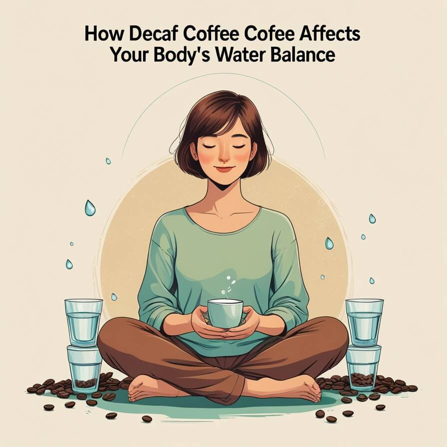 Illustrated woman sitting cross-legged in meditation pose, wearing a mint green sweater, holding a steaming cup of decaf coffee. She's surrounded by glasses of water and scattered coffee beans, with water droplets floating around. Title reads 'How Decaf Coffee Affects Your Body's Water Balance' at the top. The image conveys a sense of balance and mindfulness.