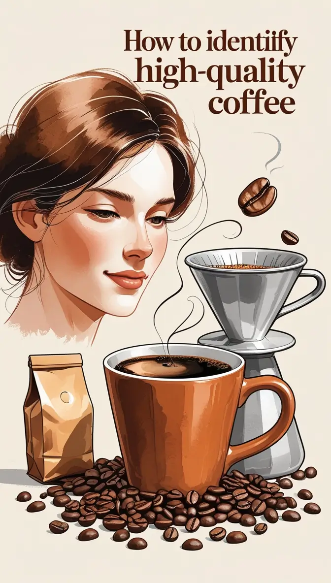 Illustrated composition showing a woman's portrait alongside coffee brewing equipment - featuring a pour-over dripper, coffee cup, coffee beans, and a bag of coffee beans. Title reads 'How to identify high-quality coffee