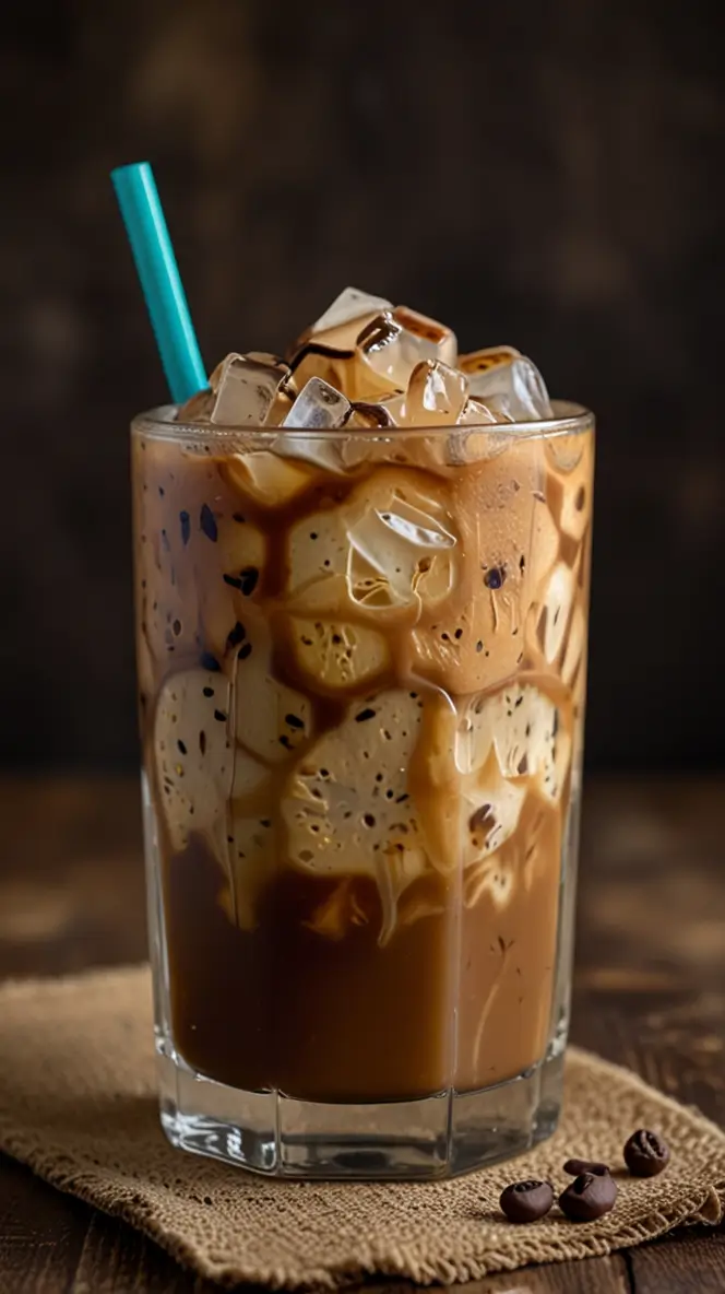 Tall glass of creamy iced chai coffee topped with whipped cream and chocolate drizzle on rustic wooden table