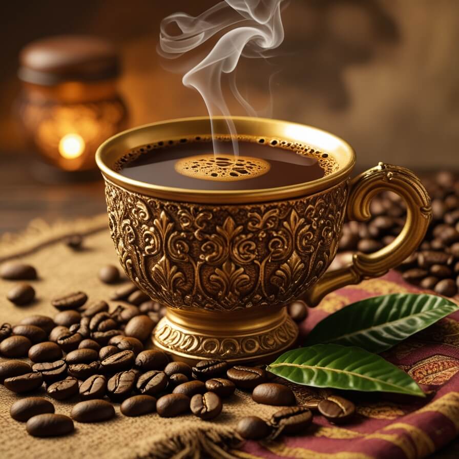 Steaming hot India Malabar coffee served in ornate golden cup with coffee beans scattered on burlap cloth, coffee leaves, and traditional Indian fabric, lit by warm candlelight