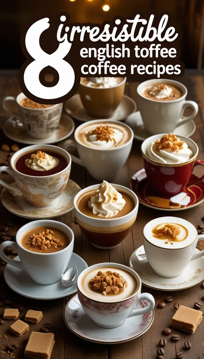 Overhead view of eight artfully presented English toffee coffee drinks in various cups and saucers, garnished with whipped cream and toffee pieces, arranged on a rustic wooden surface with coffee beans and toffee squares scattered around.