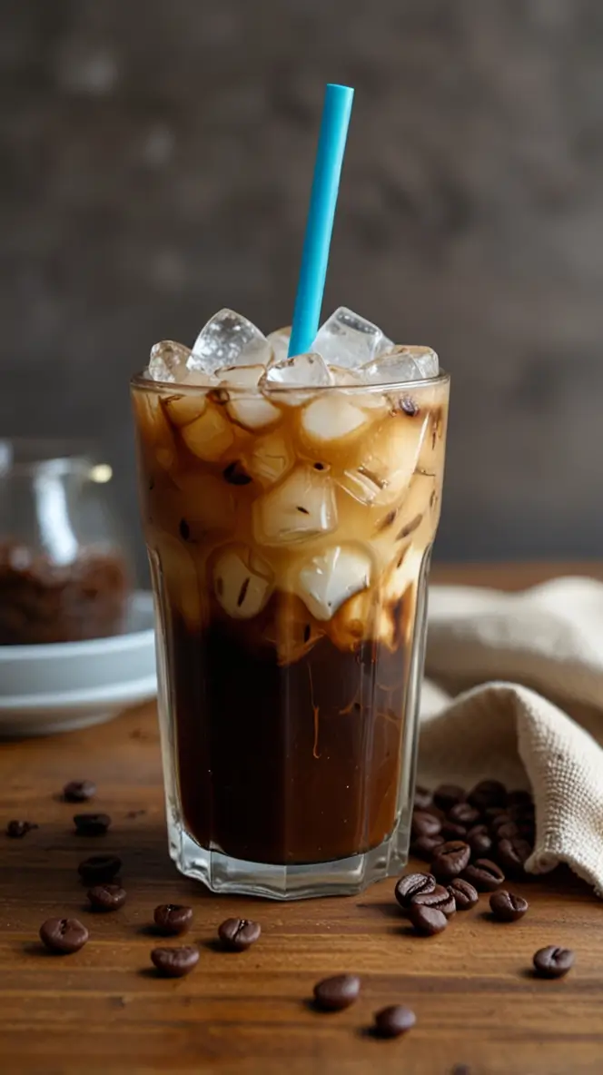 A glass of Korean iced coffee with a blue straw, surrounded by coffee beans.