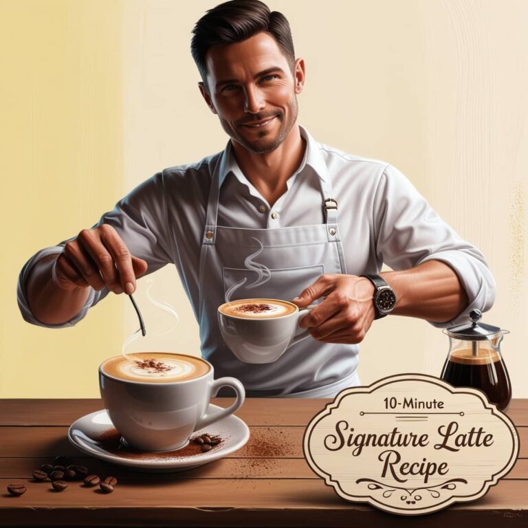 An illustrated barista in a white shirt and gray apron preparing lattes, with two coffee cups and a coffee press on a wooden counter, featuring a decorative '10-Minute Signature Latte Recipe' label.