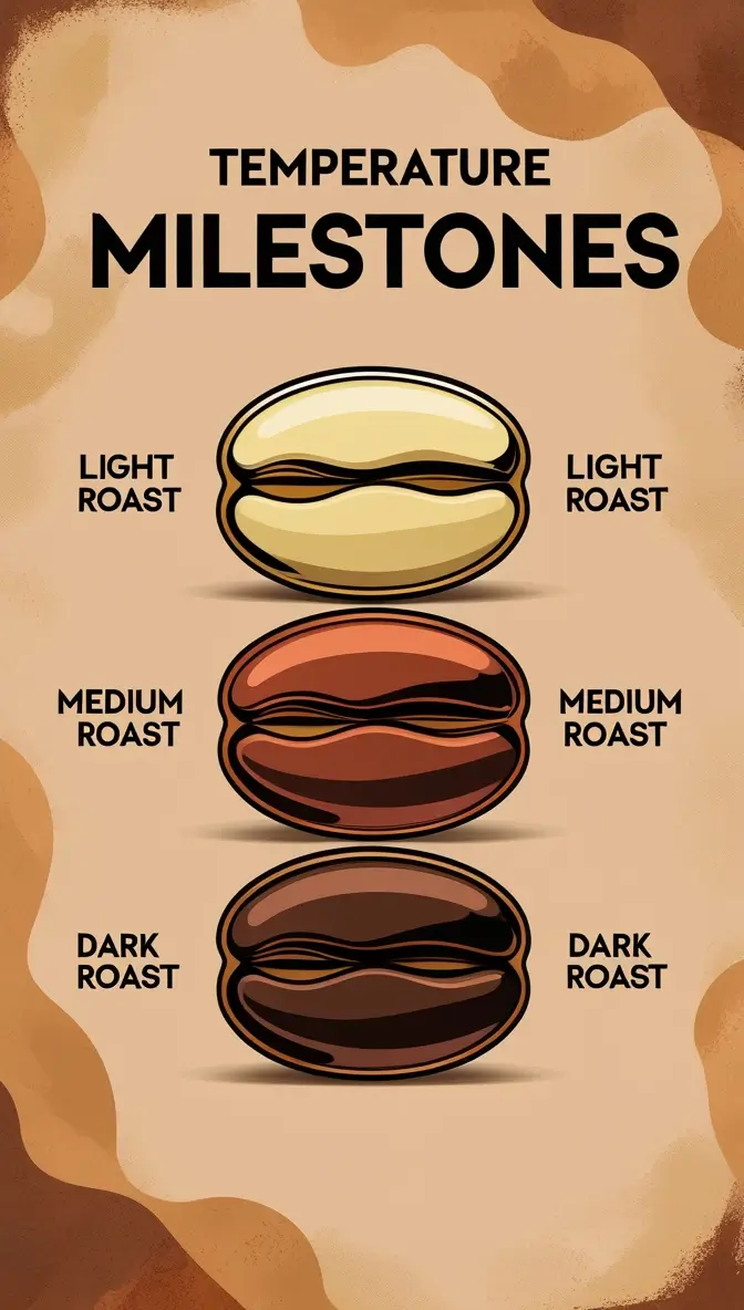 Coffee roast levels infographic showing three temperature milestones: light roast (yellow-brown), medium roast (reddish-brown), and dark roast (dark brown) coffee beans with clear visual comparison