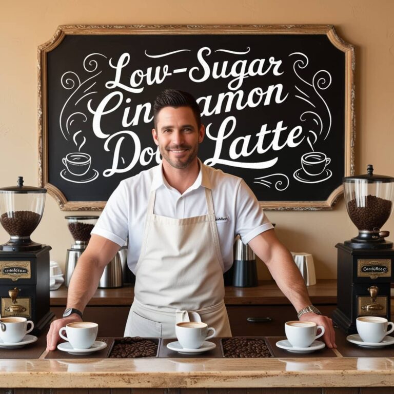 A barista in white uniform and apron stands behind a coffee bar with multiple white coffee cups and vintage coffee grinders, beneath an ornate chalkboard sign reading 'Low-Sugar Cinnamon Dolce Latte' | Keywords: 7 Delicious Low-Sugar Cinnamon Dolce Latte Recipes