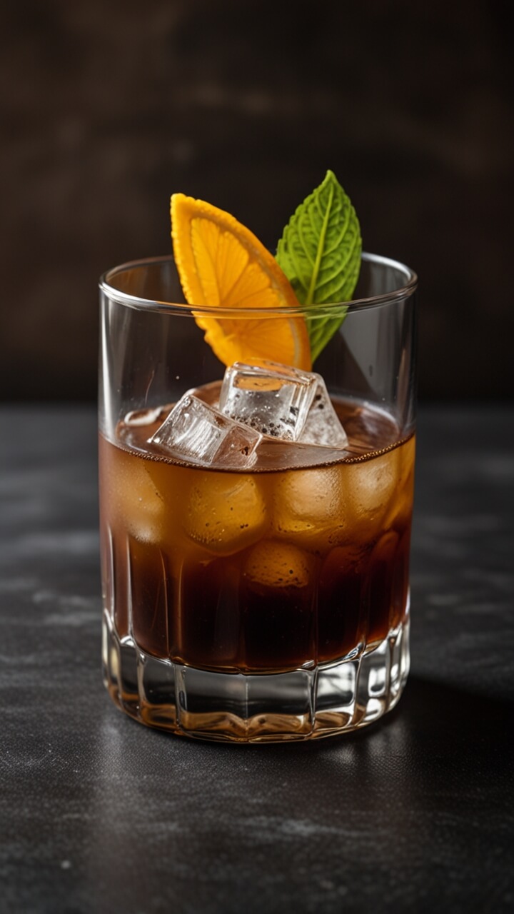 A Mocha Old Fashioned cocktail in a crystal rocks glass with ice cubes, garnished with an orange slice and mint leaf, set against a dark background