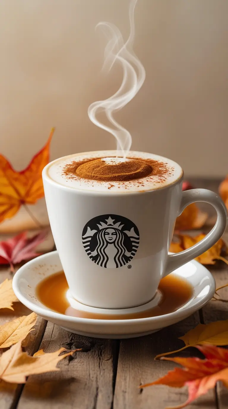 A steaming Starbucks cup containing a Maple-spiced low-sugar Cinnamon Dolce Latte with cinnamon dusting on foam, surrounded by fall maple leaves on a rustic wooden table.