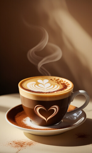 Mastering Latte Art displayed in a black ceramic cup featuring a heart design on the cup and an intricate leaf pattern in the foam, with steam rising artistically against warm lighting.