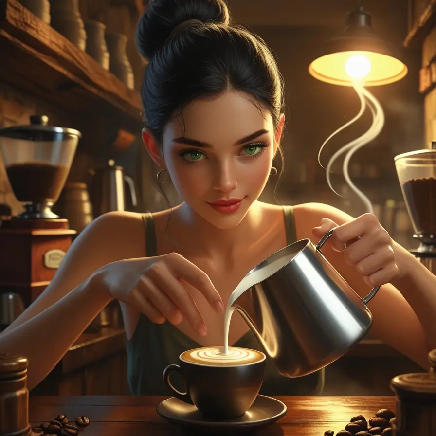 Digital art illustration of a barista with striking green eyes pouring steamed milk into a coffee cup, creating latte art in a warmly lit coffee shop setting