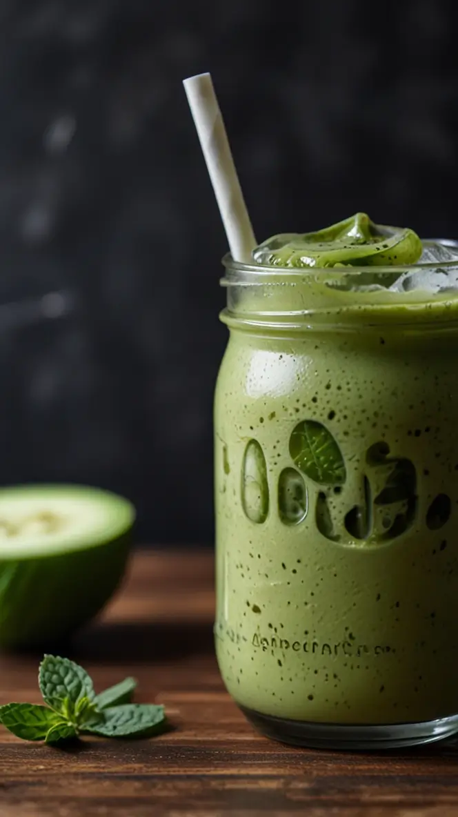 A glass of vibrant green matcha latte.