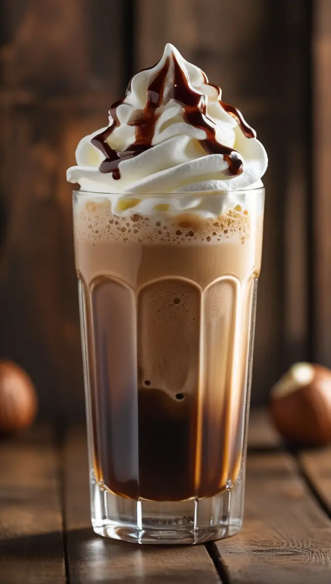 Tall glass of iced mocha hazelnut coffee topped with whipped cream and chocolate drizzle on wooden surface