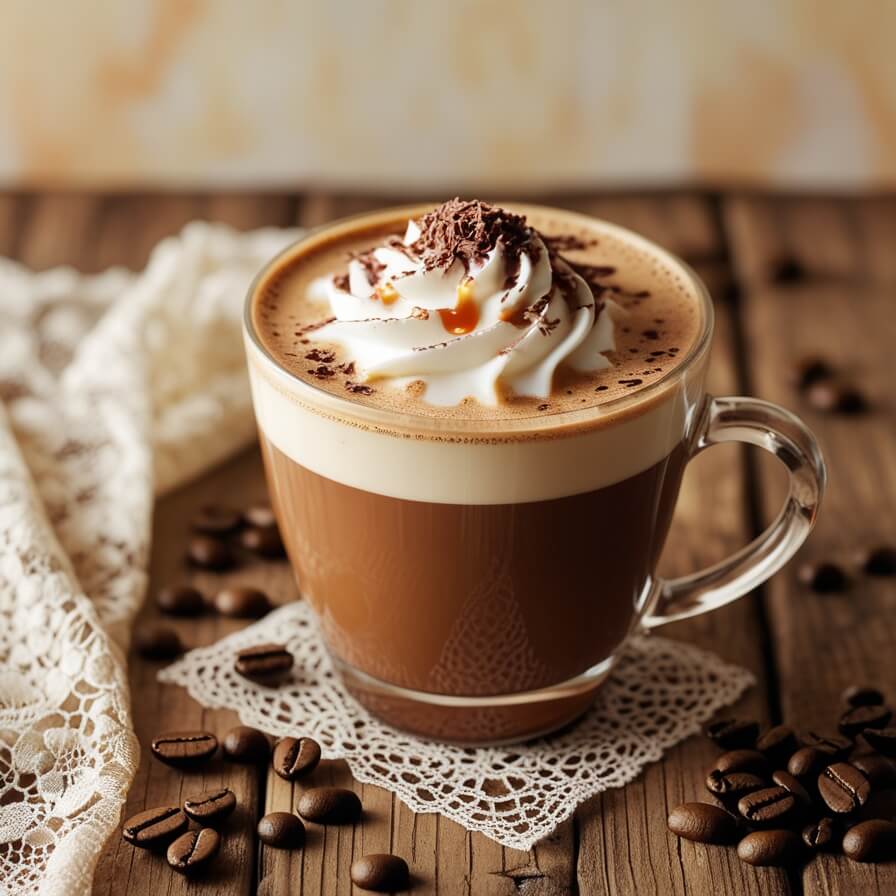 A glass mug filled with a layered mocha latte topped with whipped cream and chocolate shavings, sitting on a white lace doily with scattered coffee beans on a rustic wooden surface.